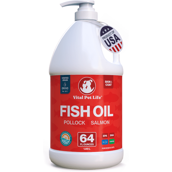 Fish Oil for Dogs - Healthy Skin & Coat, Soft Shiny Glossy Coat, Salmon & Pollock Omega 3 EPA DHA, Immune System & Heart Function Support, Normal Shedding, Liquid Supplement for Pets, 64 oz