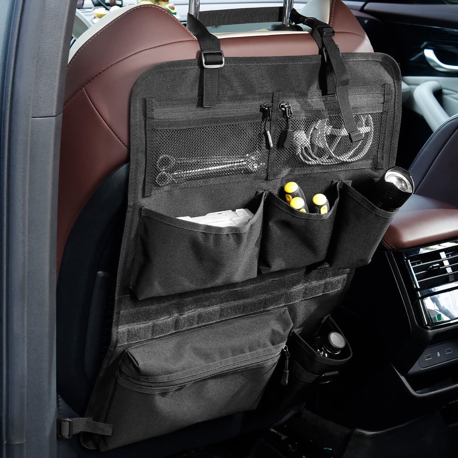 Car Backseat Organizer with 7 Storage Pockets, Adjustable Straps, Universal Fit Seat Back Storage Bag for Road Trips, RV, and Daily Commuting