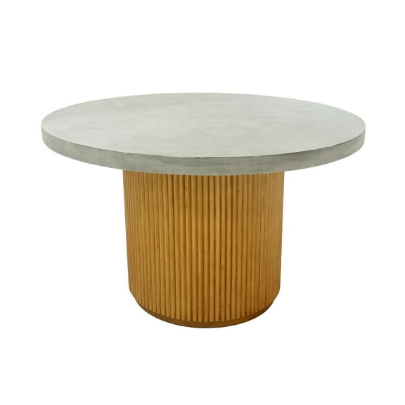 Benjara Cid Zeta 47 Inch Dining Table, Round Gray Concrete Top, Ribbed Brown Base