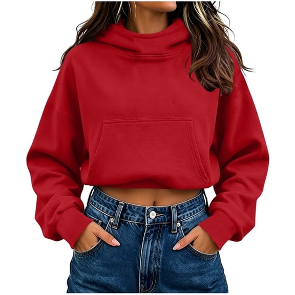 Smupbvky Cropped Hoodie for Women Trendy Drop Shoulder Pullover Casual Fall Cuffed Long Sleeve Tops with Pocket (XL, Red)