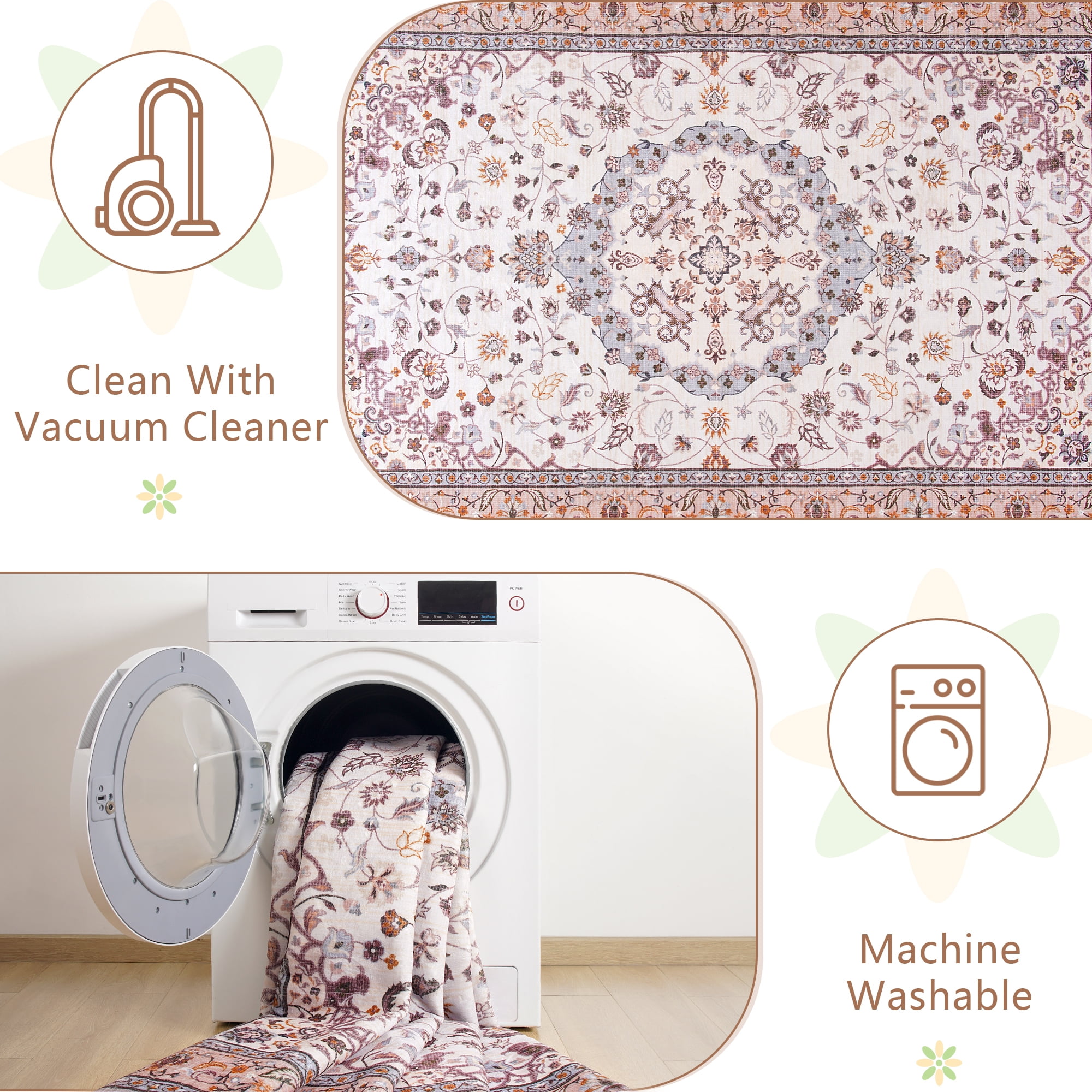 Jamfeel Area Rugs Vintage Floral Printed Washable Non-slip Carpets Foldable Thin Low Pile Rug for Living Room Bedroom 8'x10' Khaki