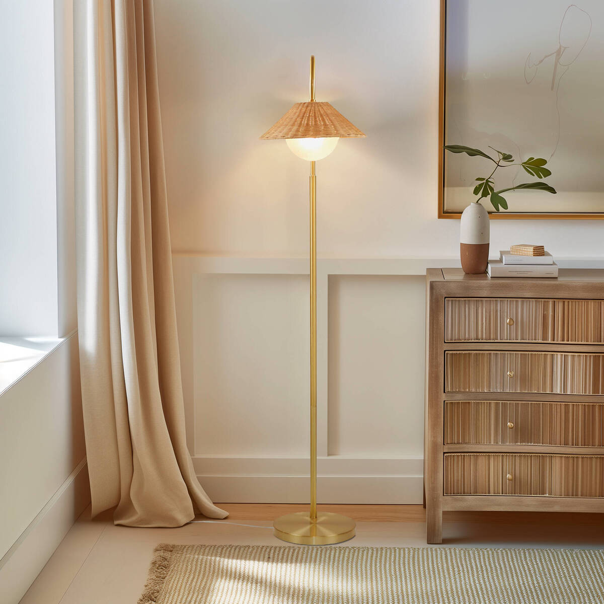 Gold Natural Rattan Weave Shade Floor Lamp - Bohemian Style for Living Room Bedroom Office