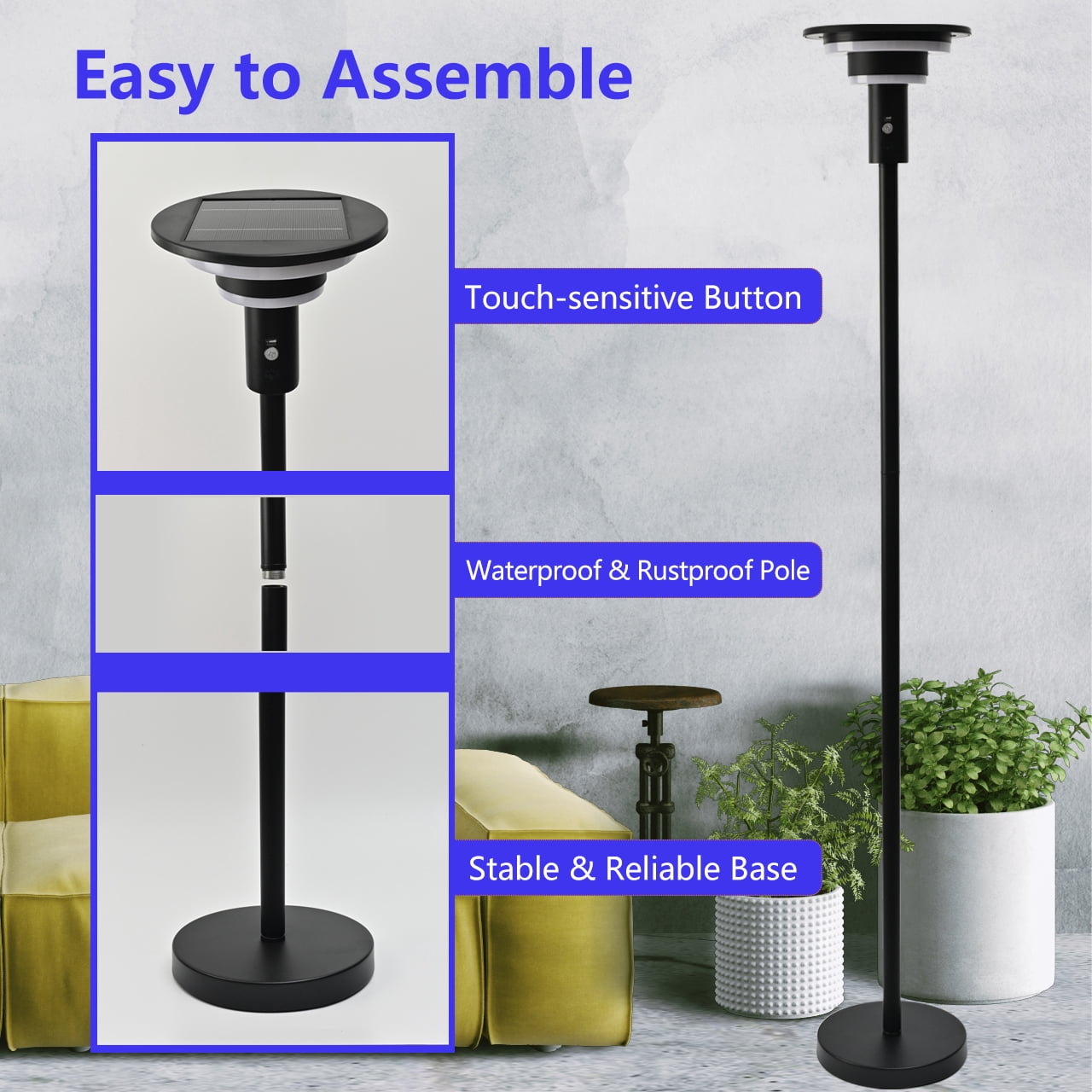 Shinelan Solar Floor Lamp for Patio Waterproof IP44,Outdoor USB Rechargeable Cordless Floor Lamp with 3 Modes,Height Adjustable,Warm White 3000k Standing Solar Lights for Deck, Porch, Camping