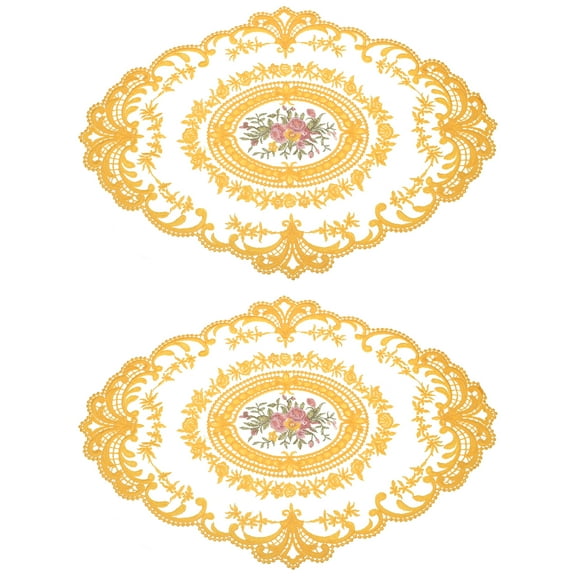 Uxcell 2Pack 12x16-in Retro Lace Placemat Oval French Crochet Doilies Coasters Yellow