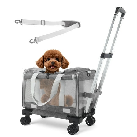AMTPM Pet Carrier with Wheels for Large Cats Small Medium Dogs,  Soft-Side Wheeled Cat Carrier for Dogs with Telescopic Handle, Collapsible Rolling Pet Travel Bag Carrier for Camping Vet Visiting