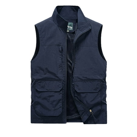 JUUYY Men s Utility Fishing Vest Summer Stand Collar Outdoor Safari Travel Cargo Solid Color Vests with Multi-Pockets Dark Blue L