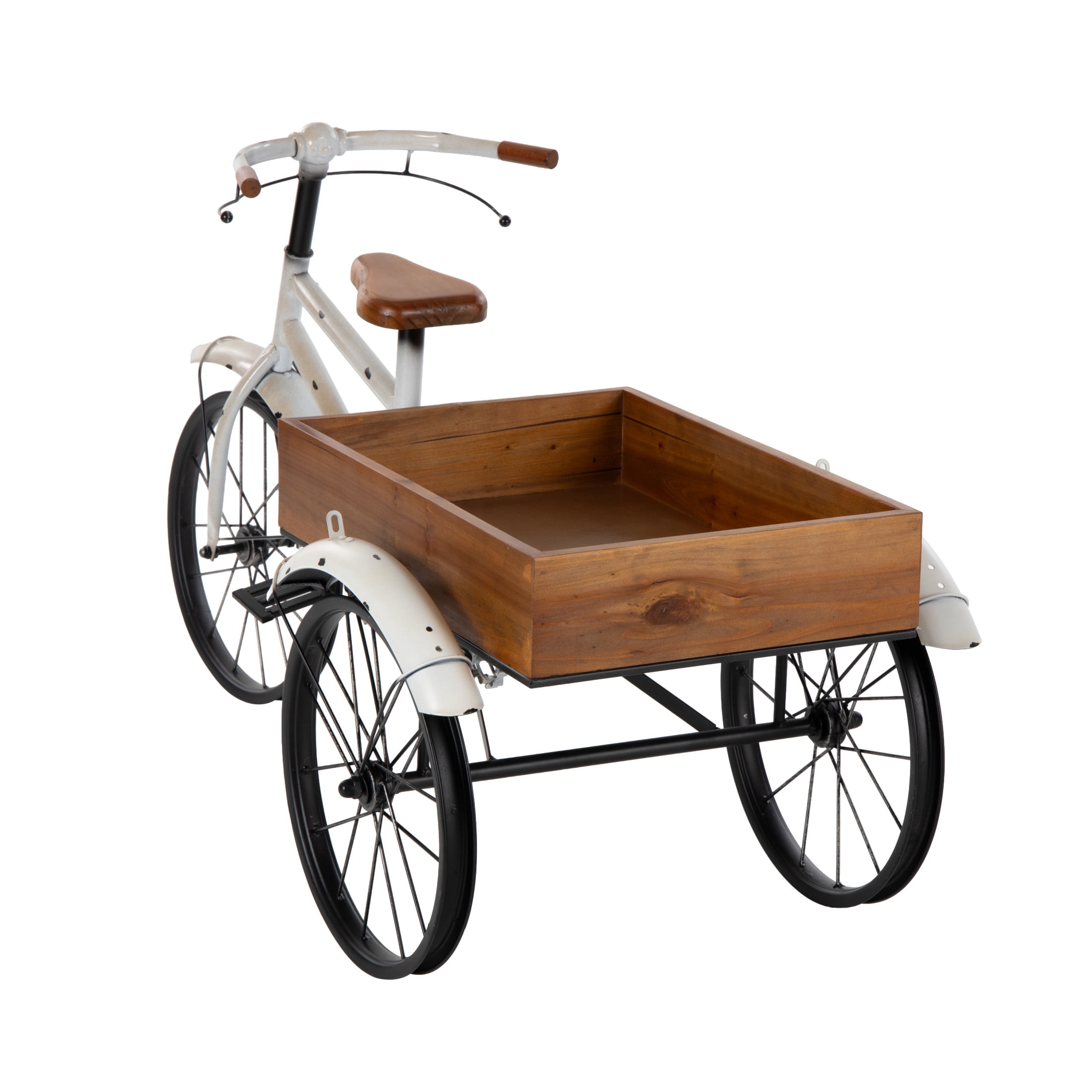 DecMode 48" x 24" x 24" White Metal Vintage Bike Plantstand with Brown Wood Accents