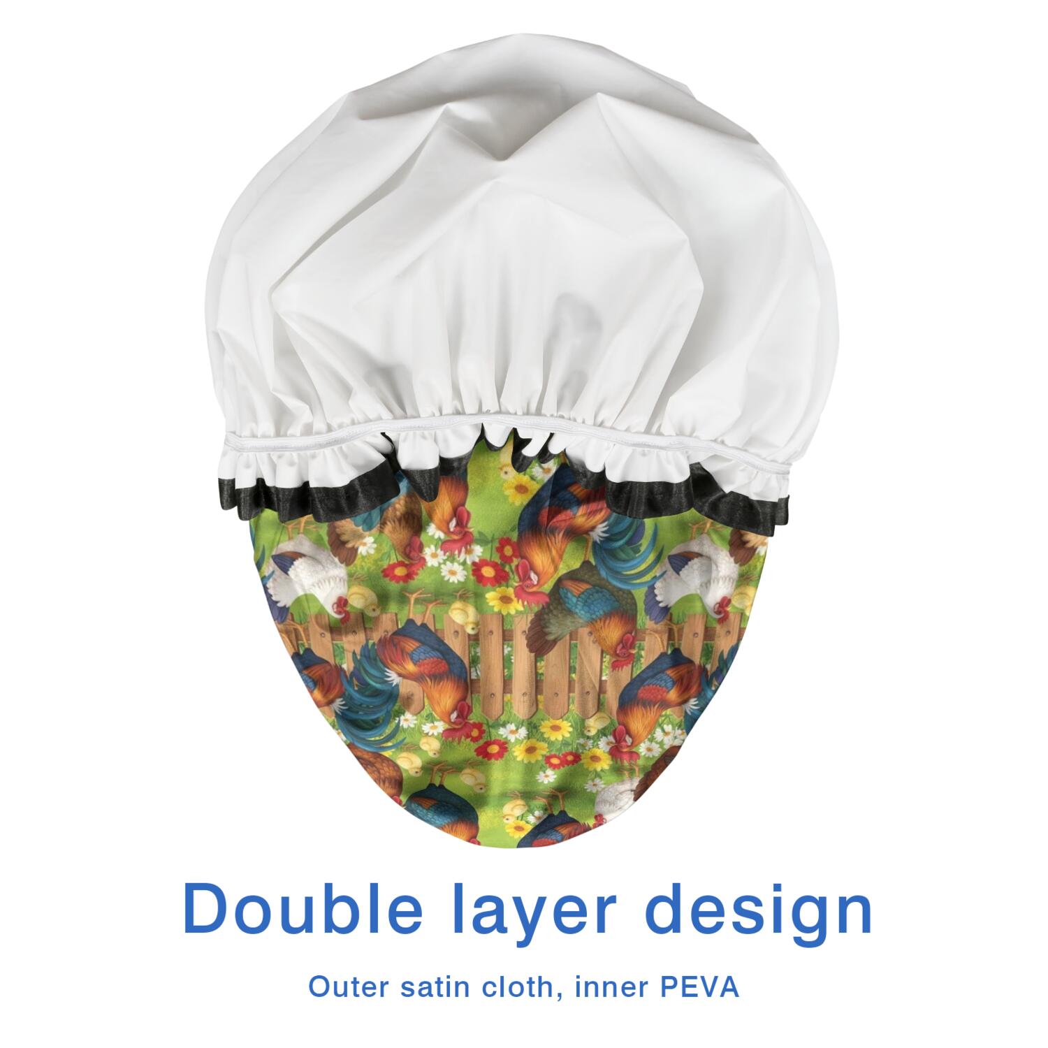 Shower Caps,Green Chicken Farm Pattern Waterproof Shower Cap for Women 4 Pieces,Double Reusable Hair Cover for Shower PEVA Elastic Stretch Hem