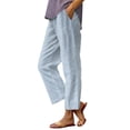 thumbnail image 2 of Striped Linen Pants Women Summer Elastic Waist Straight Leg Cropped Pants Casual Boho Beach Trousers, XL, 2 of 6