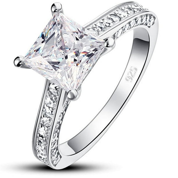 JeenMata Anillo de Compromiso de Moissanita de Corte Princesa de 1,75 Quilates - Conjunto Nupcial - Anillo Pavé - Anillo de Promesa - Oro Blanco de 18 K sobre Plata