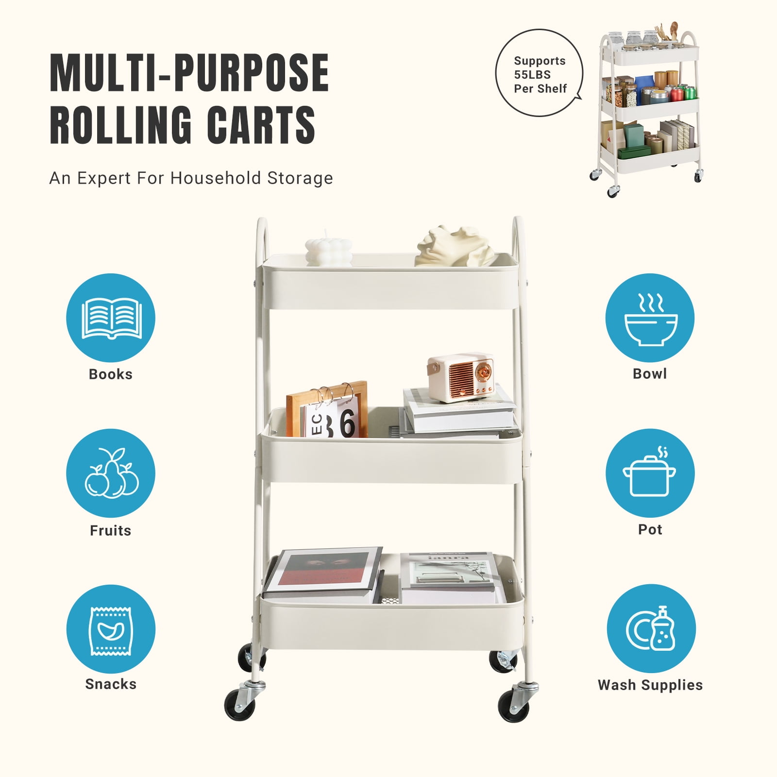 GIANNA 3 Tier Rolling Cart Organizer, Plastic Rolling Cart with Lockable Wheels & Reinforced Handle, Lightweight Utility Cart Storage Cart for Nursery, Kitchen, Bathroom, Craft Room