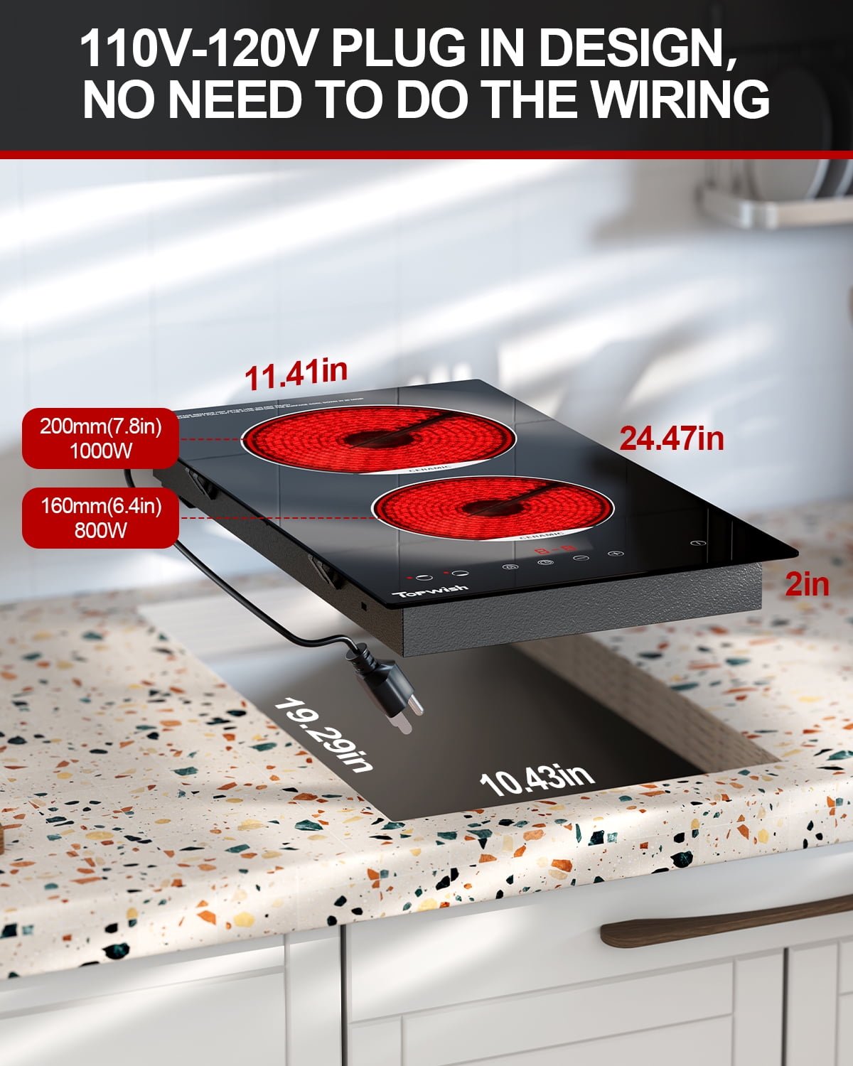 TOPWISH 12" 2-Burner Electric Cooktop, Built-In Ceramic Stove Top, 1800W, 110–120V Plug-In, Touch Control, 9 Power Levels, Timer, Child Lock & Overheat Protection