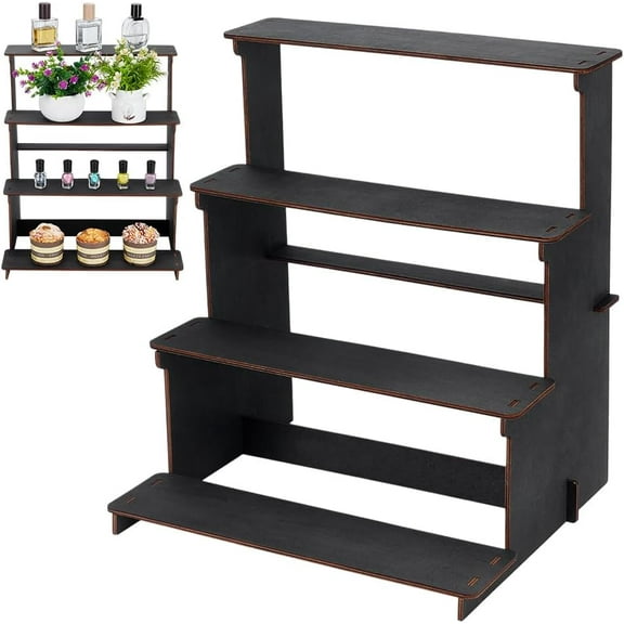 4-Tier Black Display Stand Straight Wooden Retail Table Display Stand with Shelves 4 Step Straight Display Rack for Counter Top Craft Shows Farmers Market Trade Shows Cupcakes Candles