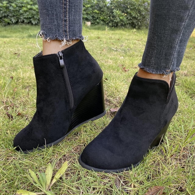 LSLJS Bottines Vintage pour Femmes à Bout Rond avec Fermeture Éclair Wedge Talon Chaussures Courtes, Bottines et Bottillons pour Femmes, Bottes pour Femmes