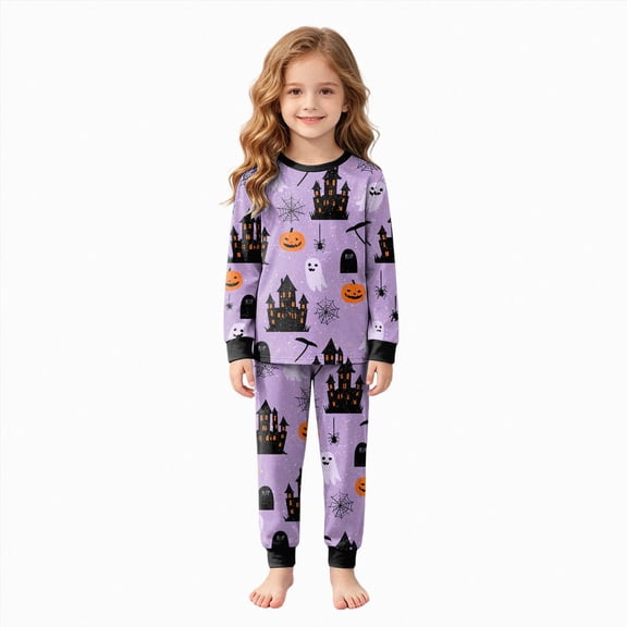 TOWED22 Toddler Baby Boy Girls Halloween Pajamas Set Kids Pumpkin Ghost Sleepwear 2 Pcs Pjs Cute Cartoon Print Long Sleeve Top and Pants for 1-10 Years(Light Purple,3-4 Y)