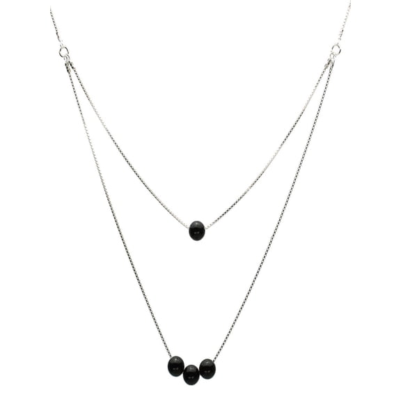 One-to-Two Strand Black Onyx Stone Beads Sterling Silver Box Chain Necklace, 17" 2" Extender