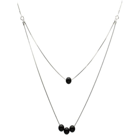 One-to-Two Strand Black Onyx Stone Beads Sterling Silver Box Chain Necklace, 17"+2" Extender