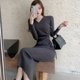 thumbnail image 1 of Hdspq-vestido de punto de manga larga con cuello en V para mujer, elegante vestido Midi ajustado de estilo coreano, ropa con cordones, Otoño e Invierno, 1 of 5