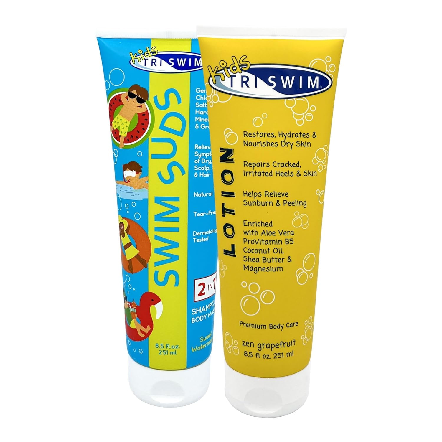 TRISWIM Kids Swim Suds Lotion Set 8.5 fl oz Natural Tear-Free 2-in-1 Shampoo Body Wash Chlorine Removal Hydrating Lotion for Children
