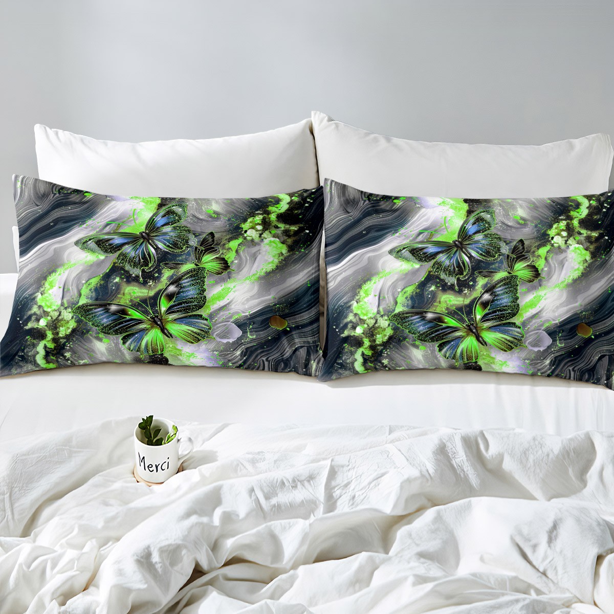 Black Marble Duvet Cover Set Blue Butterfly Comforter Cover,Green Marbling Queen Bedding Sets,Abstract Ombre Ink Fluid Art Bed Set Rustic Animal Dreamy Butterflies Room(No Comforter)