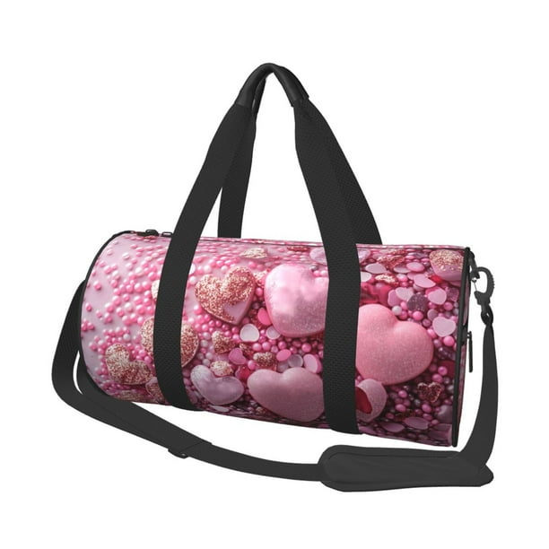 Fotbe Pink Glitter Heart Candy Bolsa Deportiva de Lona Plegable con Estampado, Bolsa de Gimnasio con Bolsillo Seco/Húmedo, Bolsa de Viaje Ultraligera de Gran Capacidad