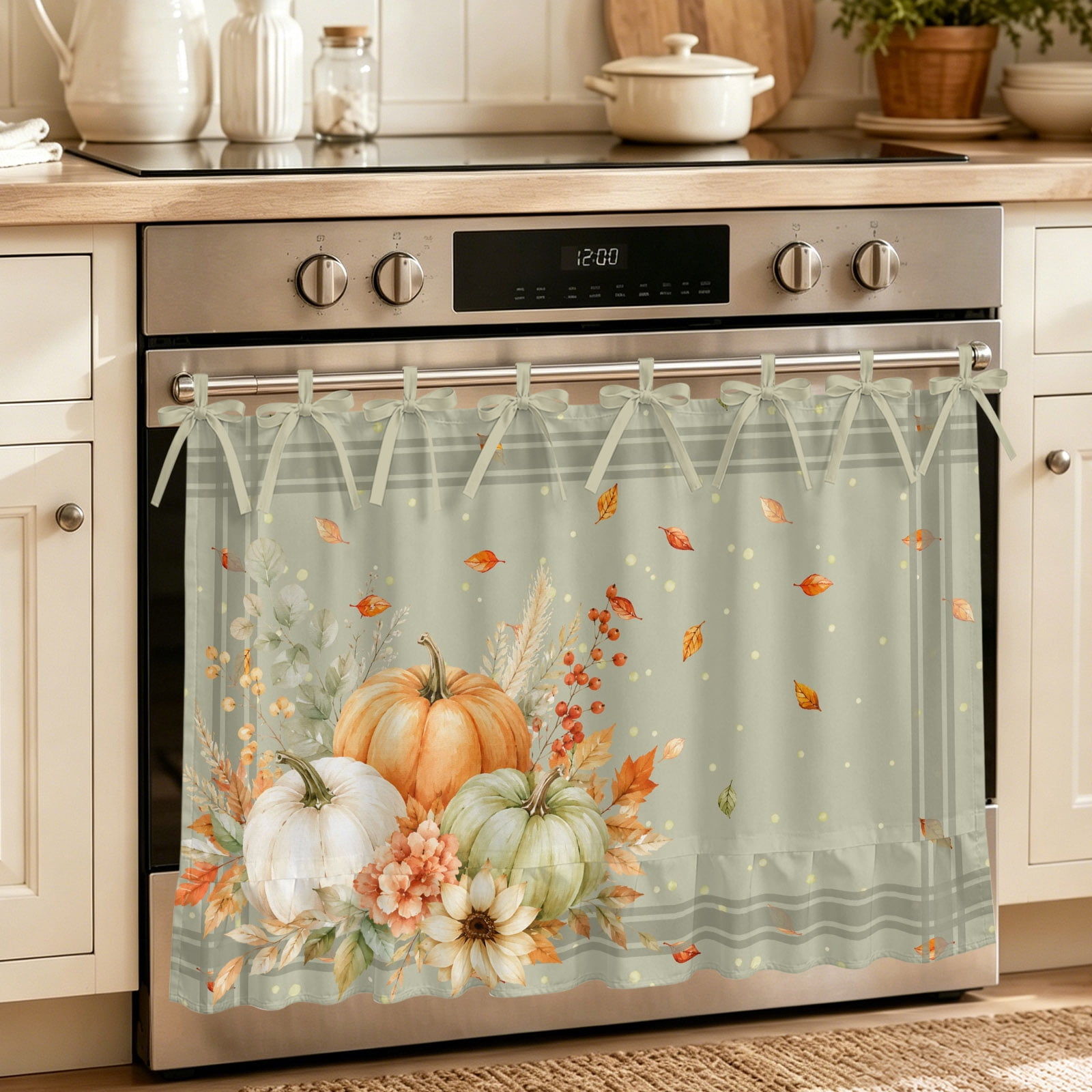 Oven Curtain for Kitchen Thanksgiving Harvest Pumpkin Stove Curtain With Ruffled Trim Dishwasher Curtains Country Floral Sage Green Oven Skirt 32 x24