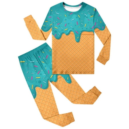 Rhuody Boys Outfits Long Sleeve Pajama Set With Ice Print Sleepwear Fashion Clothes Set Mint Green 5-6 Years