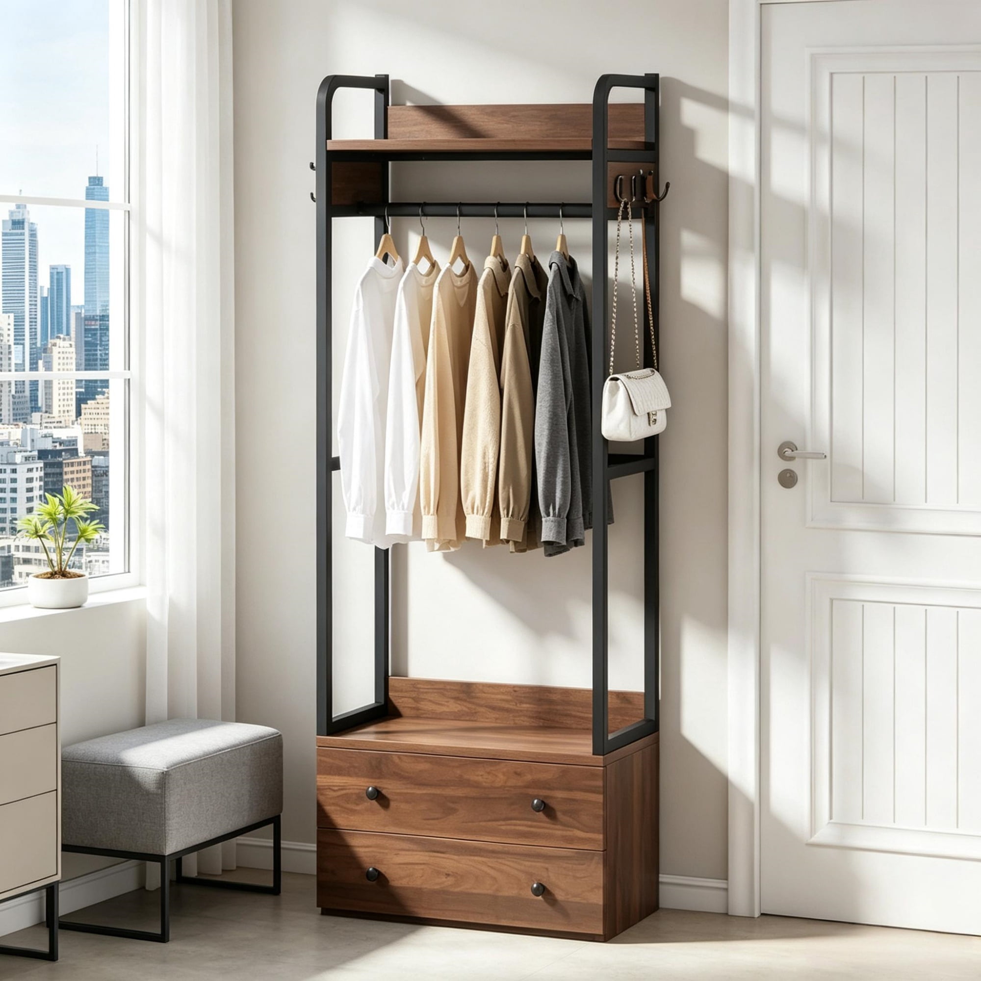 Astoutdoor Freestanding Clothes Rack with 2 Drawers and 6 Hooks