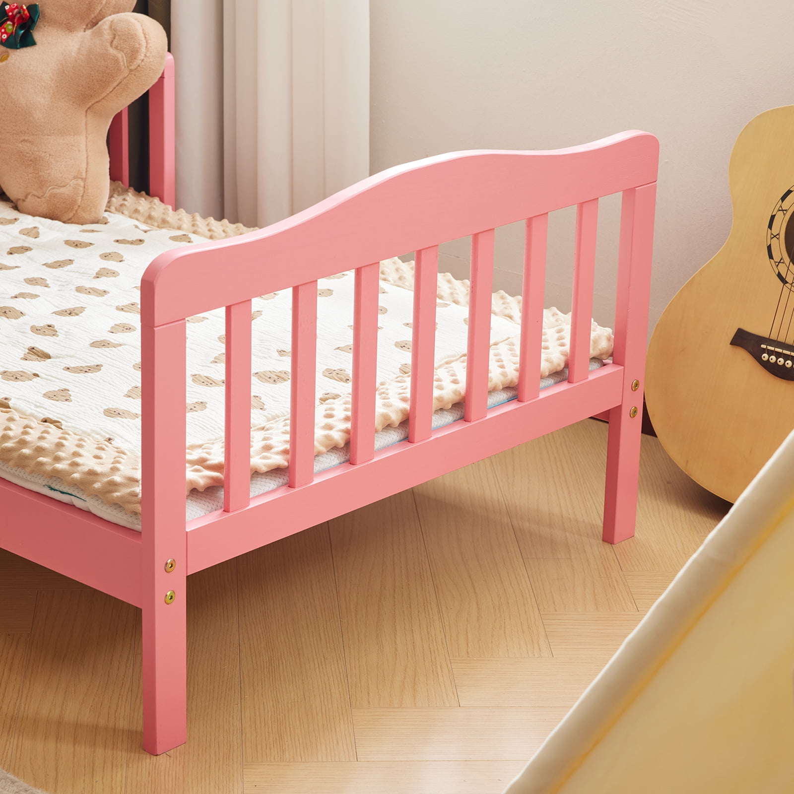 Zimtown Wood Bed, Wood Bedframe Bedroom Furniture w/Safety Rail Fence (Pink)