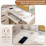 Corner L-Shaped Computer Desk With Glass Cabinets & Built-in LED Lights, USB Charging Ports & Keyboard Tray, Wooden Desk With Hutch And Drawers For Home&office.
