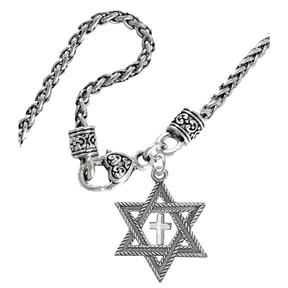 Messianic, Christian, Jewish Antique Silvertone Star Of David And A High Polished Cross On A Wheat Chain Necklace, Hypoallergenic-Safe, No Nickel, Lead, or Cadmium In The Metal ©2023