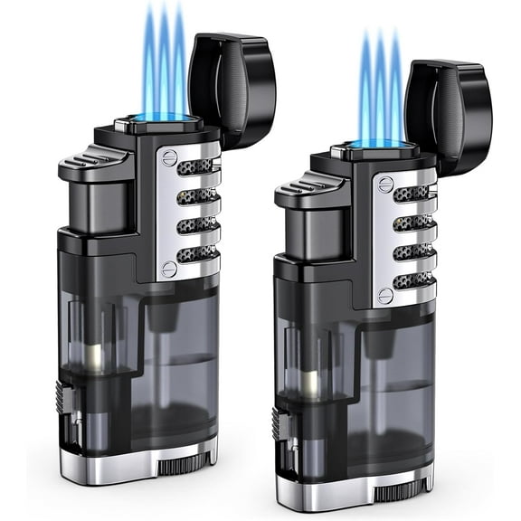 Torch Lighter Butane Refillable Triple Jet Flame Lighters, Windproof Adjustable with Punch 2 Pack (Without Fuel)