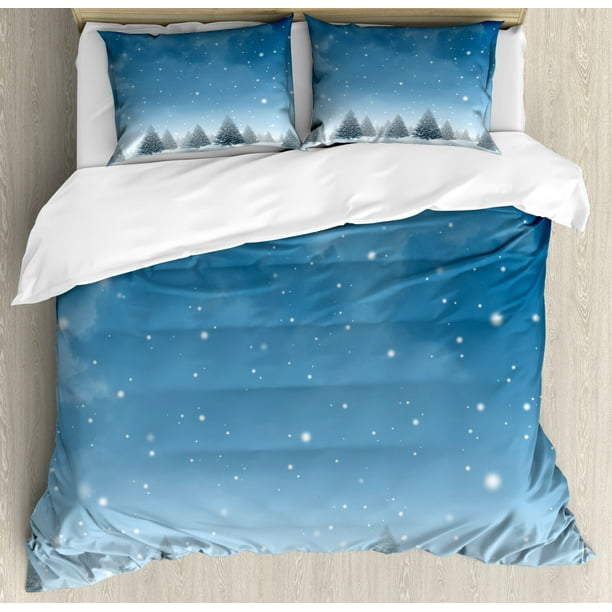 Winter Queen Size Duvet Cover Set, Christmas Inspired Cold Blue Forest