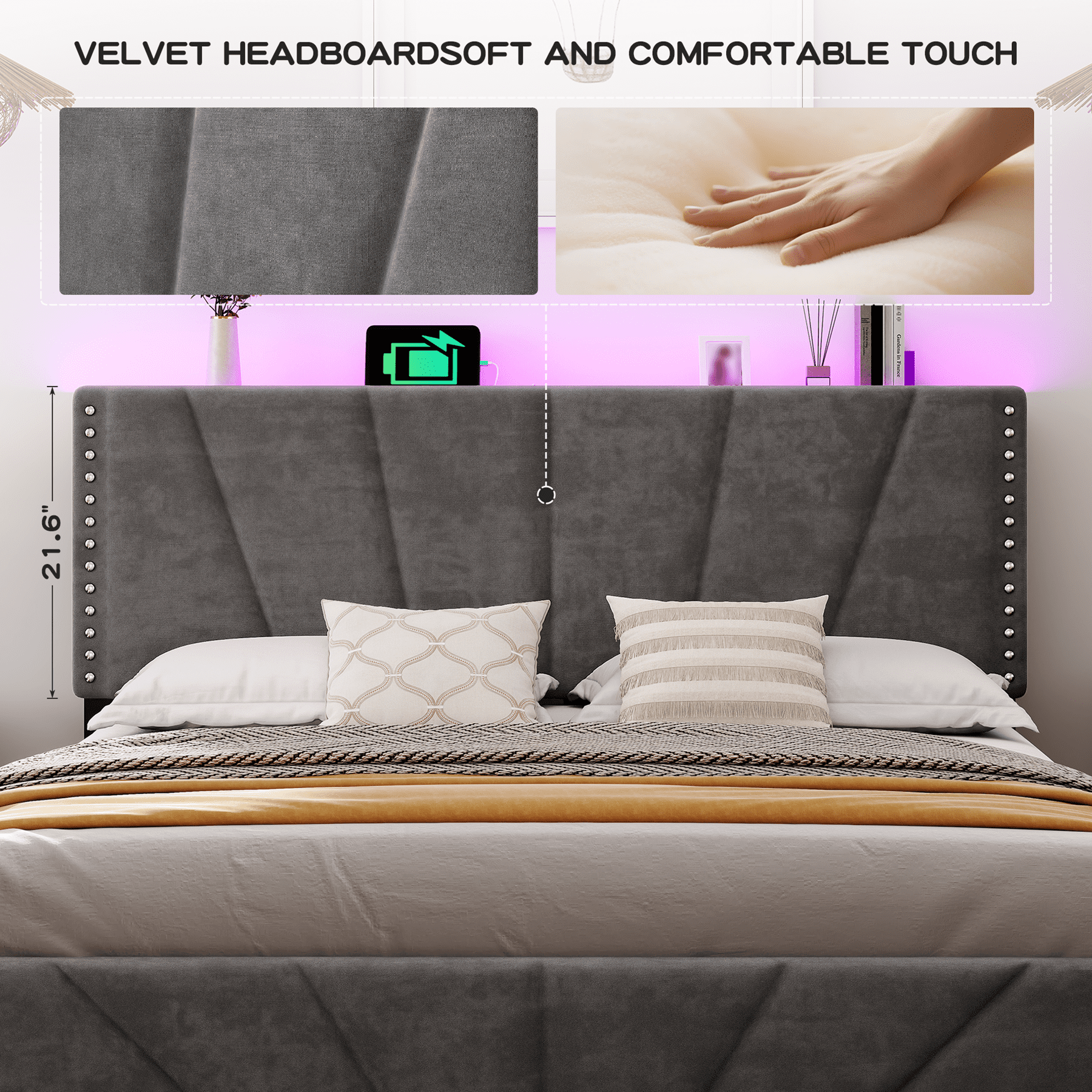 Romorgniz Queen Size Bed Frame with Underbed Storage Upholstered Bed Frame with Adjustable Headboard & LED Light & Charge Station ,Gray