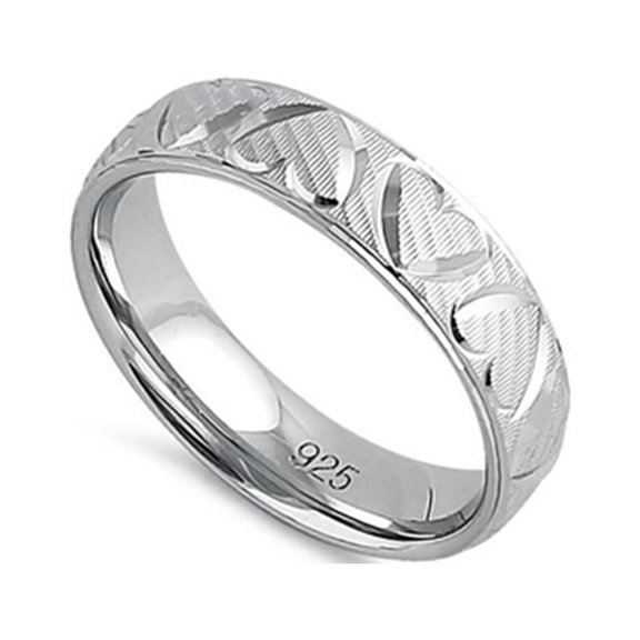 925 Sterling Silver Platinum Plated Diamond Cut Heart Band Women Valentines Day Gifts Ring