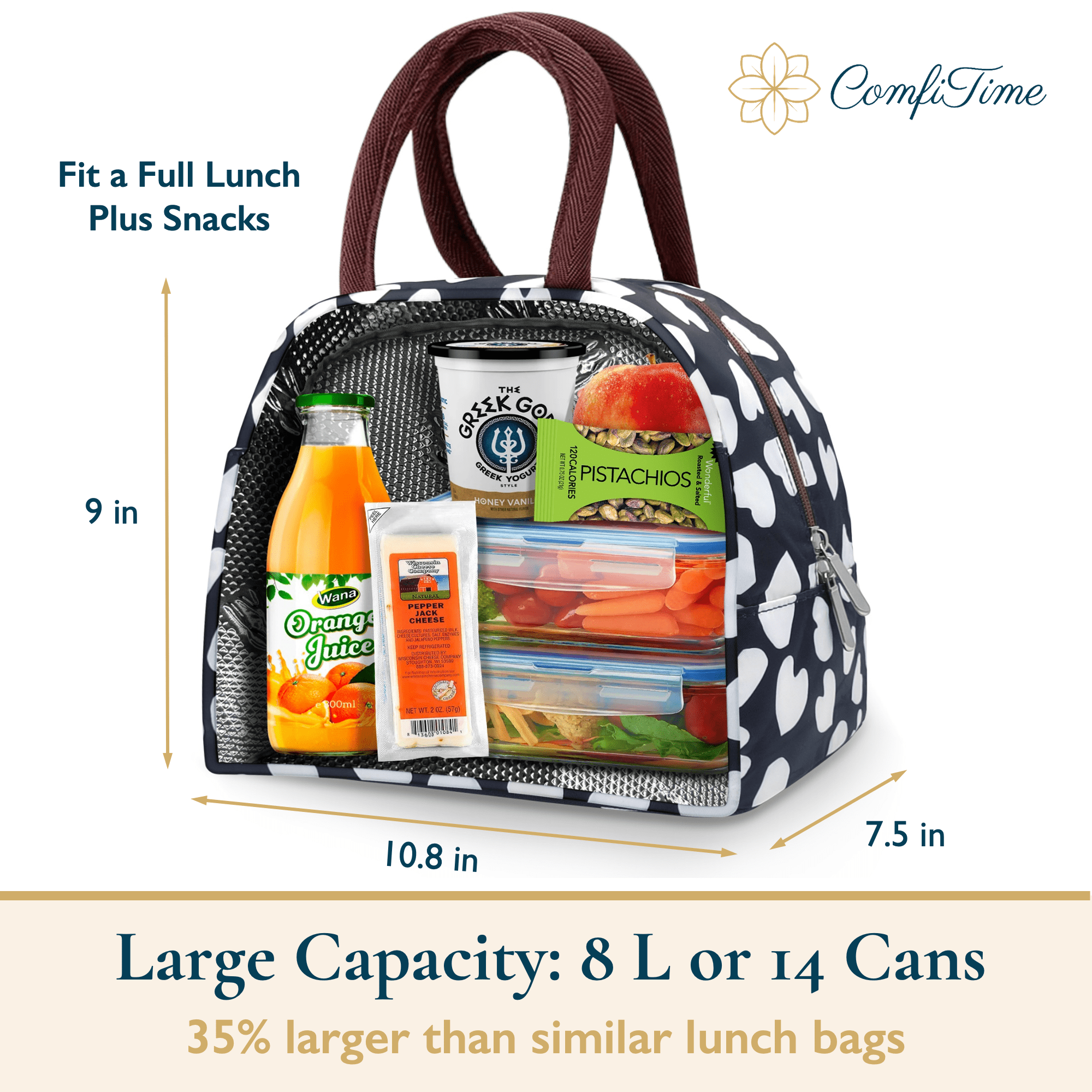 Comfitime Lunch Bag - Insulated Lunch Box for Women, 8L or 14 Cans Large Capacity Cooler Bag for Adults & Teen, Cute Aesthetic Lunch Tote for Work