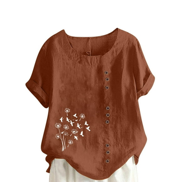 LMKIHUSA Short Sleeve Cotton Blouses for Women Bohemian Floral Print Soft Blouses Crew Neck Button Up Tops Casual Fashion Summer 2025 Tees Coffee,L