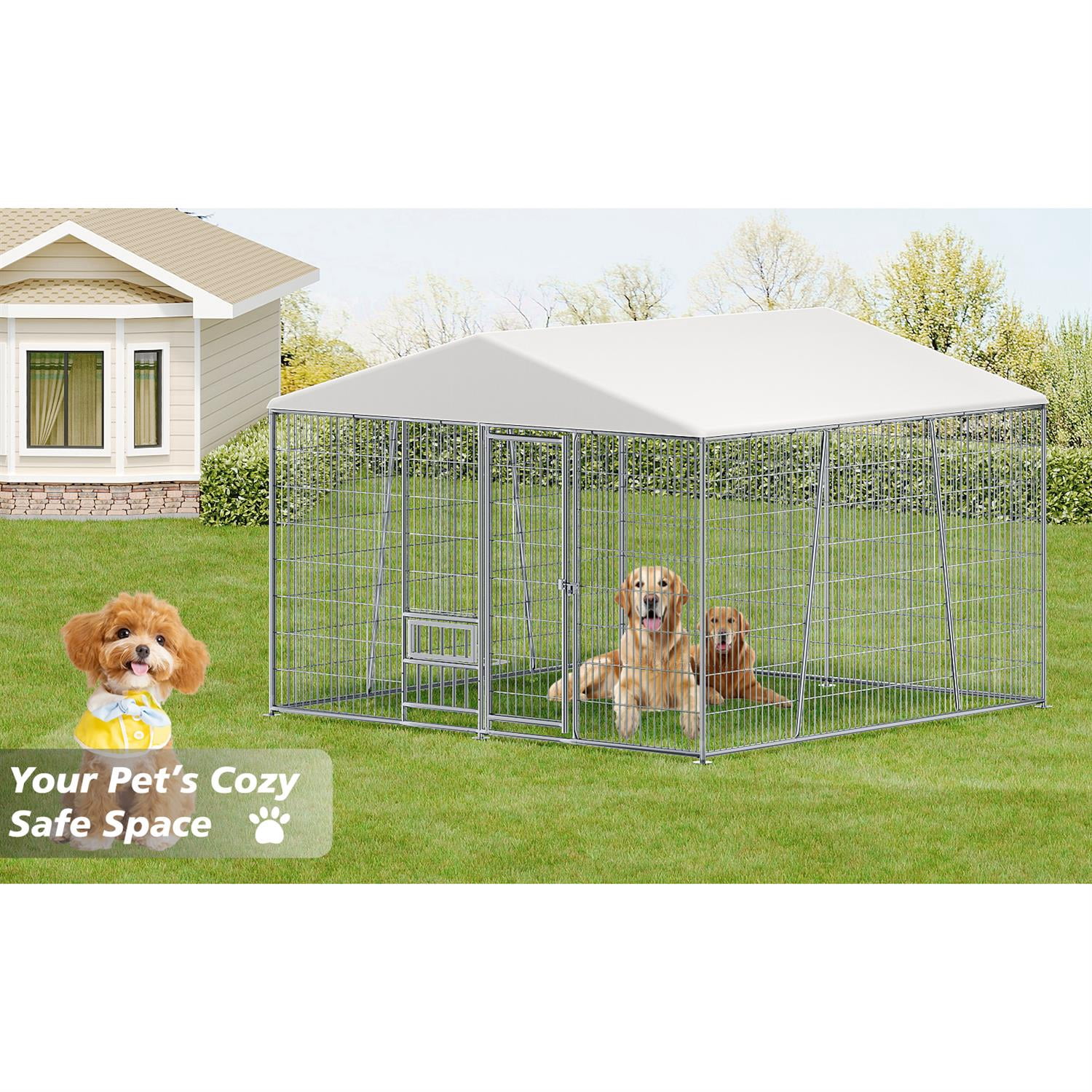 Pefilos Heavy-Duty 10x10 FT Outdoor Dog Kennel with Feeding Bowl, Waterproof Roof & Secure Lock, Steel Material, Silver - Perfect for Large Pets