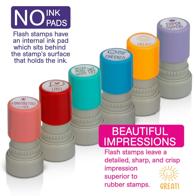 Stamp Joy - Set of 6 Self-Ink Flash Stamp Set, Multicolor Teacher Stamps,  Pre-Inked (Motivation Set)
