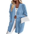 thumbnail image 3 of Women Solid Tone Open Front V Neck Side Pockets Oversized Mid Length Loose Casual Knit Cardigan Lake Blue L, 3 of 7