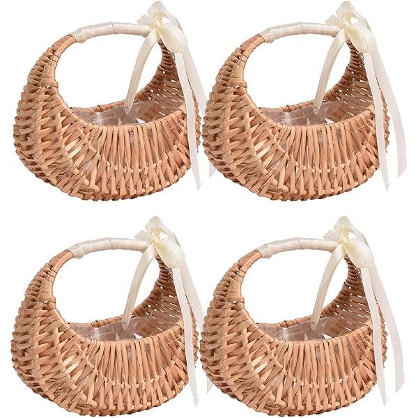 wonima44 4Pcs Small Flower Girl Basket with Ribbon Bow,Half Moon Wicker Flower Girl Basket,Cute Rattan Floral Basket for Home Wedding Decor(White Bow-2)