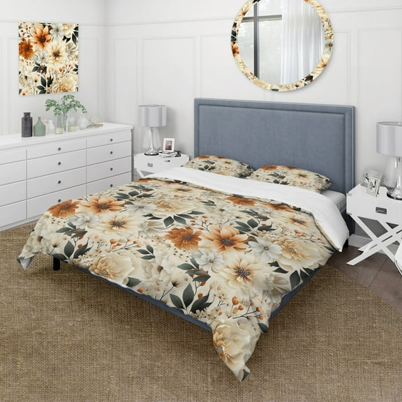 Designart "Fall Floral Cottage IV" Brown Floral Bedding Covert Set - Cottage Bed Set With 1 Sham