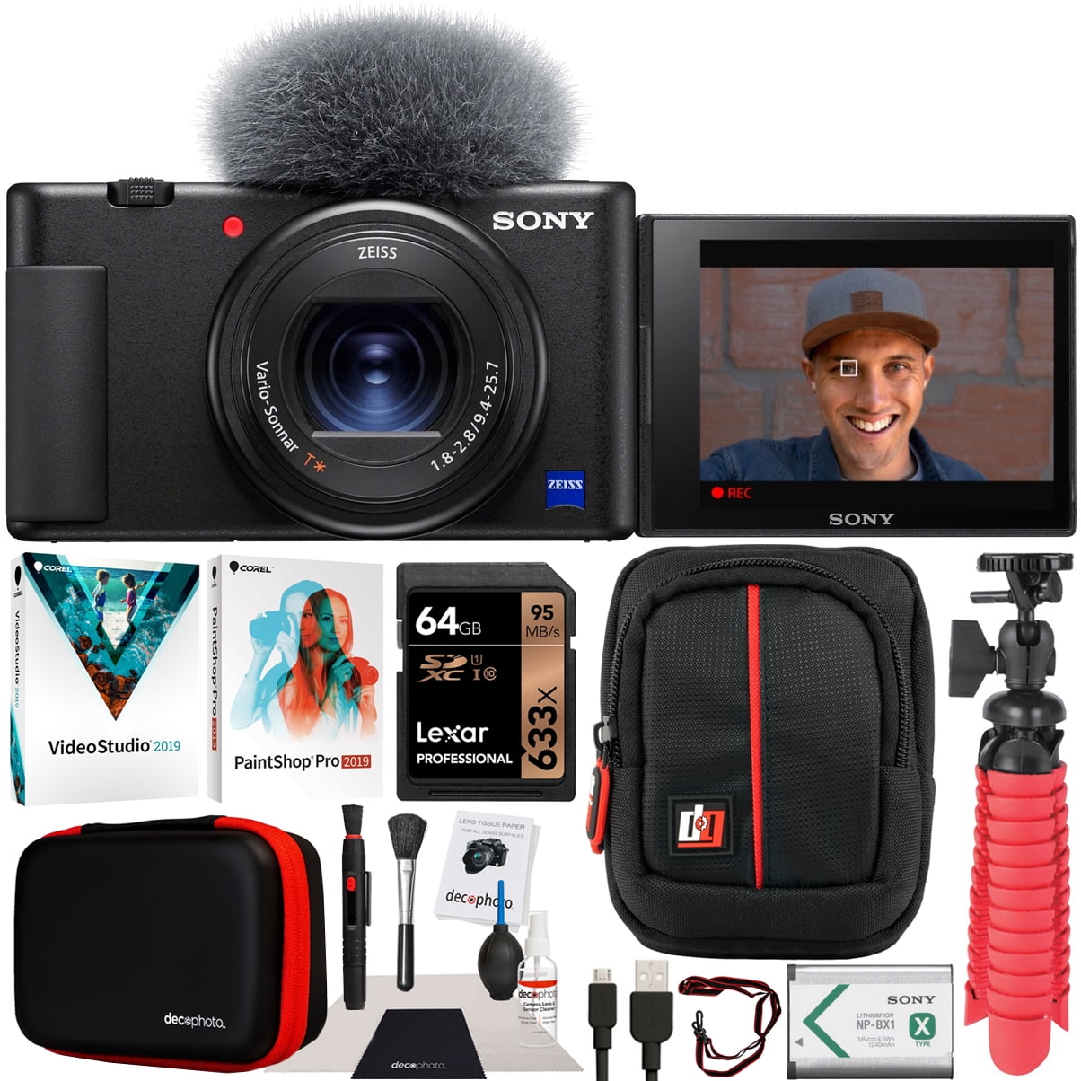 Sony ZV-1 Compact Digital Vlogging 4K HDR Video Camera for Content Creators  & Vloggers DCZV1/B Bundle with Deco Gear Case + Software Kit + 64GB Card +  