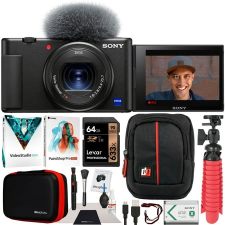 Sony ZV-1 Compact Digital Vlogging 4K HDR Video Camera for Content Creators & Vloggers DCZV1/B Bundle With Deco Gear Case + Software Kit + 64GB Card + Compact Tripod / Handheld Grip and Accessories