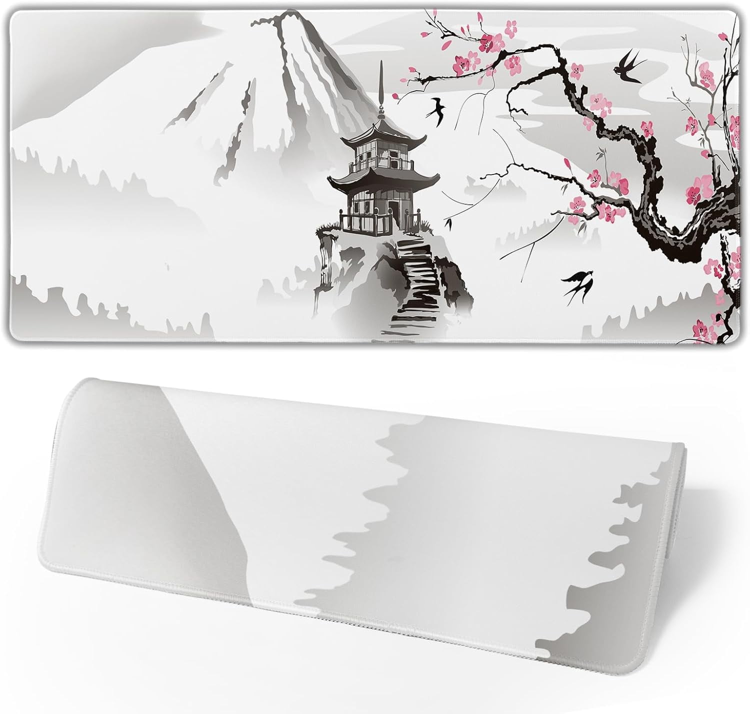 Japanese Cherry Blossom Gaming Mouse Pad XL Large Extended Sakura Desk Pad Non-Slip Rubber Base 31.5”×11.8” with Stitched Edges Waterproof Pads Computer Gaming Mousepads for Work Game Office Home