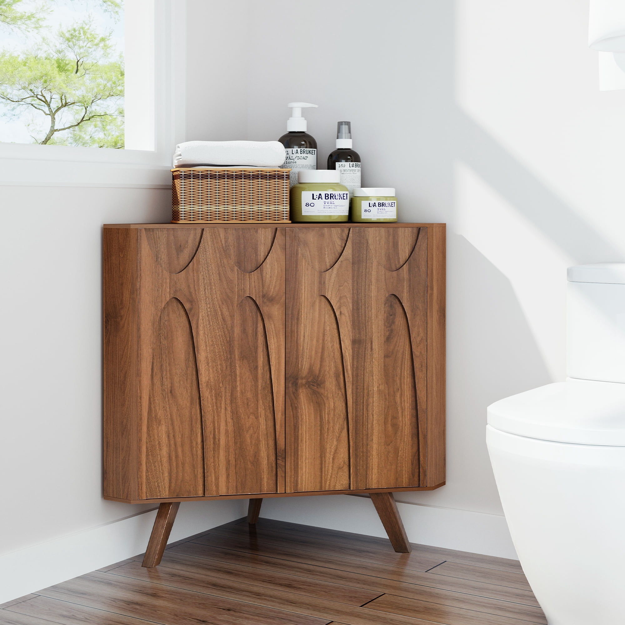 LEFHDA Adjustable Shelf Corner Cabinet with 2 Doors — Freestanding Storage Organizer for Bathroom, Kitchen, Living Room in Brown/Black & Walnut Finishes