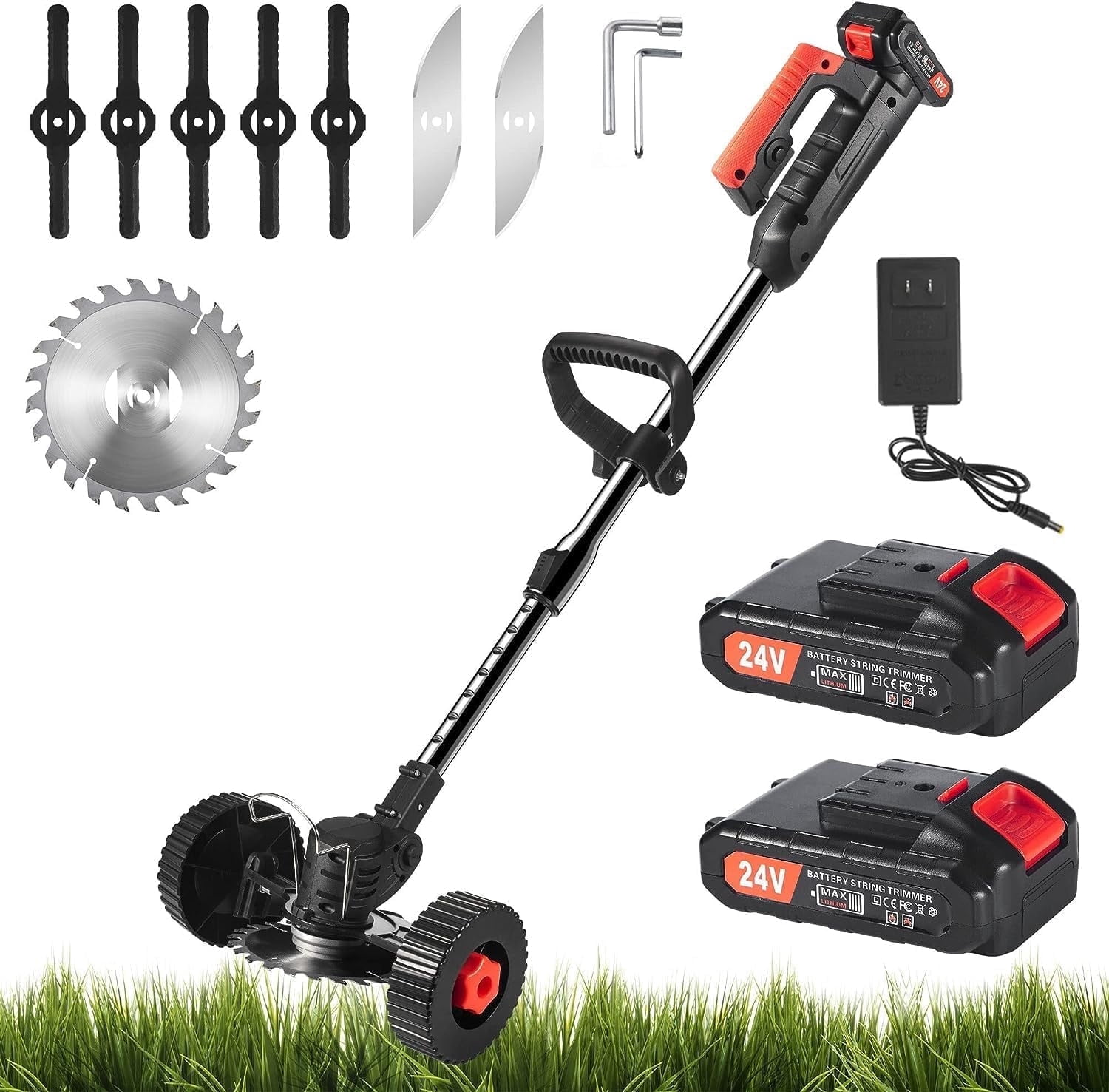 Paddsun Electric Weed Wacker, Battery Powered Cordless String Trimmer Edger with Wheels,Electric Weed Eater Cutter Lawn Mower Edger Tool,Adjustable Handle,3 Function Blades Cutter for Yard and Garden