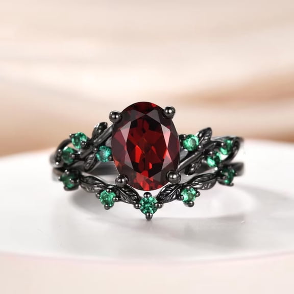 Oval Cut Red Garnet Engagement Ring Set in 14K Black Gold Vermeil – Vintage Leaf Vine Bridal Ring with Green Accent Stones – January Birthstone Ring for Women