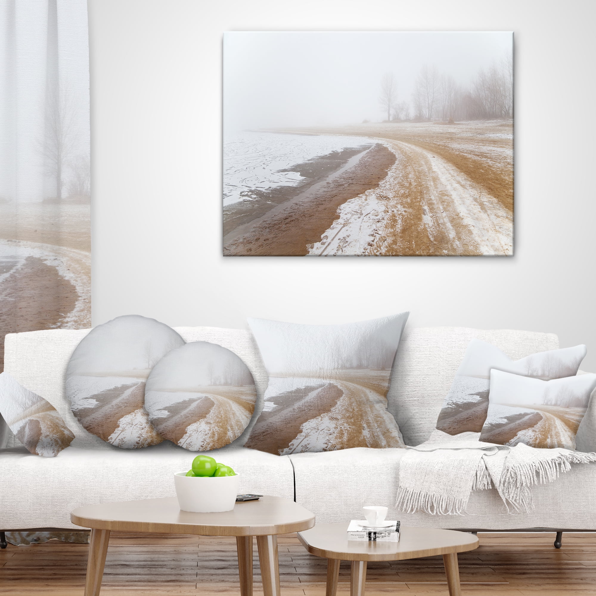 Designart Sandy Beach in the Winter Fog - Modern Seashore Throw Pillow - 16x16