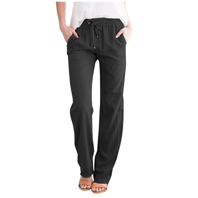JUNWELL Womens Casual Pants Straight Leg Drawstring Elastic High Waist Loose Comfy Trousers with Pockets
